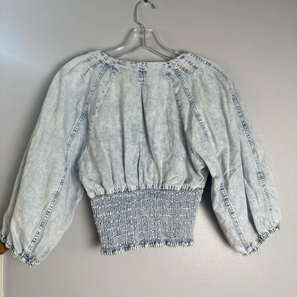 Free People Light Wash Denim Smocked Waist Blouse - Picture 4 of 4
